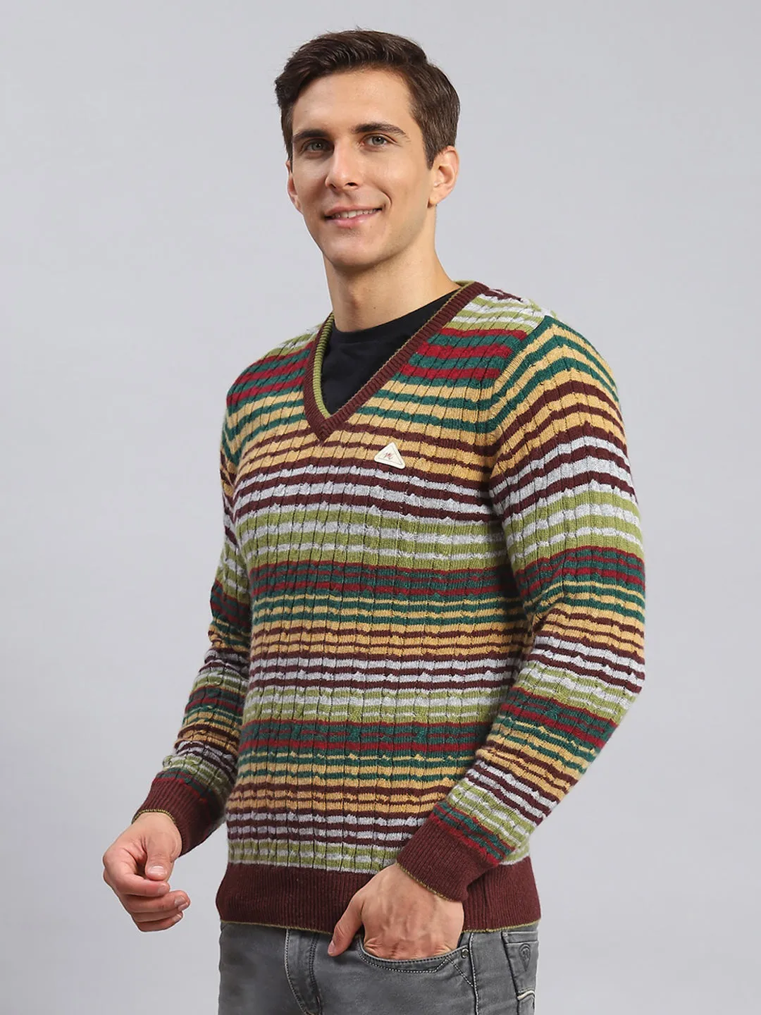 Men Maroon Stripe Lamb wool Pullover