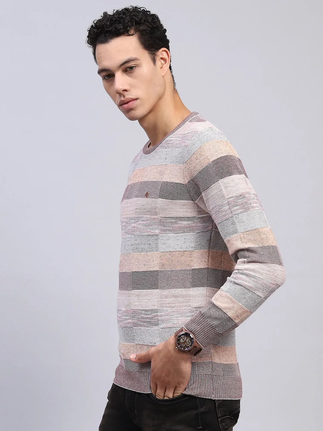 Men Multicolor Stripe Round Neck Full Sleeve Pullover