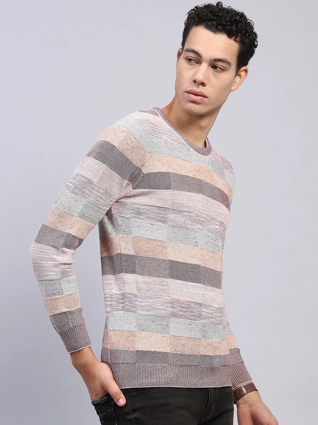 Men Multicolor Stripe Round Neck Full Sleeve Pullover