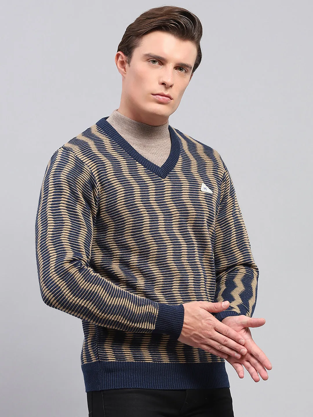 Men Navy Blue & Beige Self Design V Neck Full Sleeve Pullover