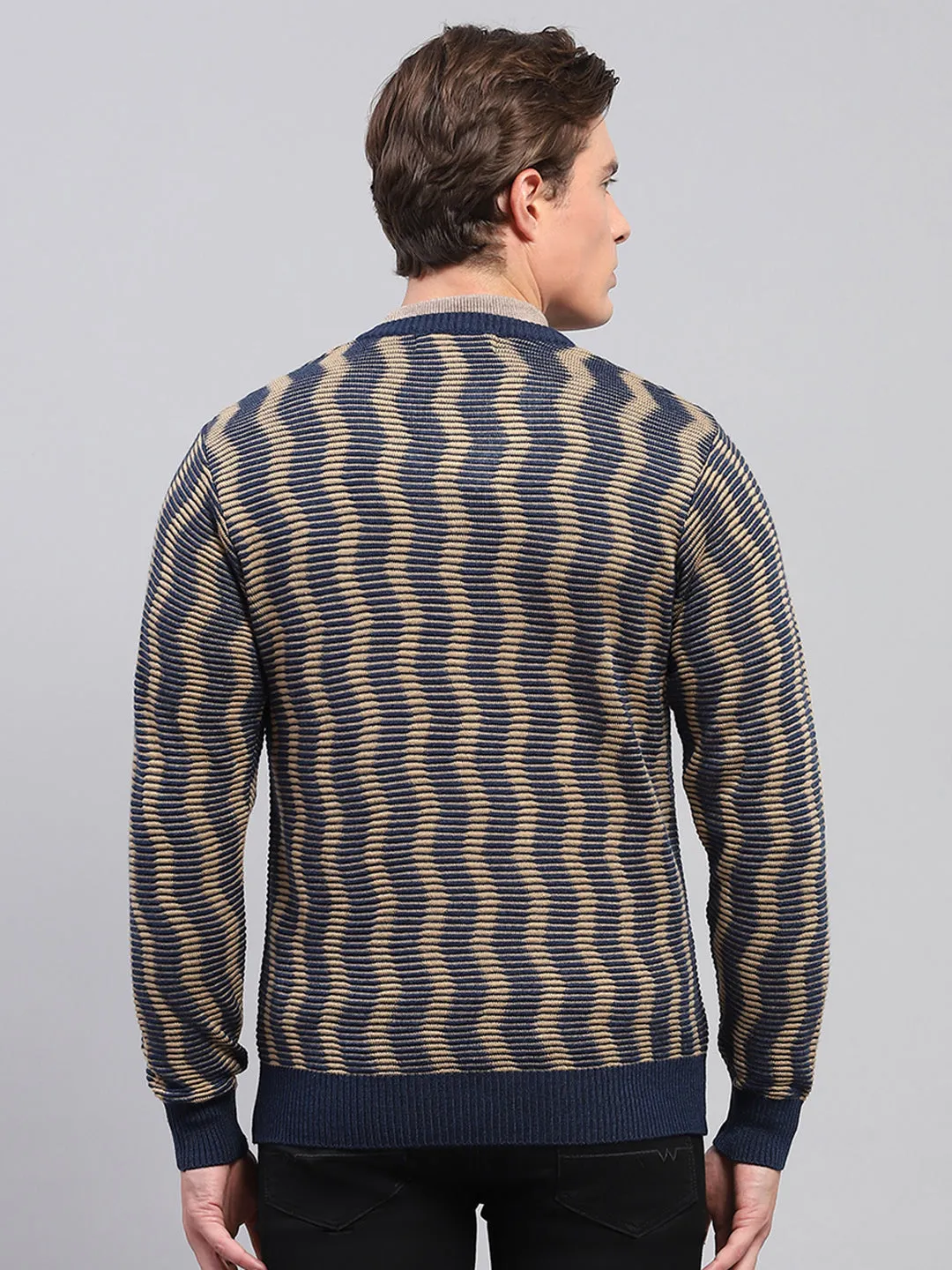 Men Navy Blue & Beige Self Design V Neck Full Sleeve Pullover