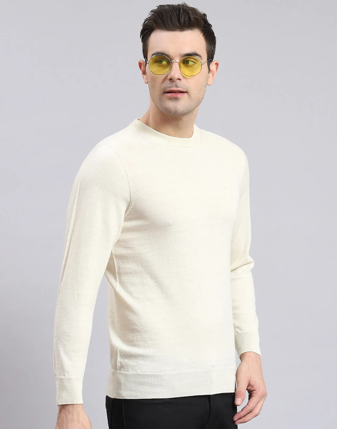 Men Off White Solid Round Neck Full Sleeve Sweater