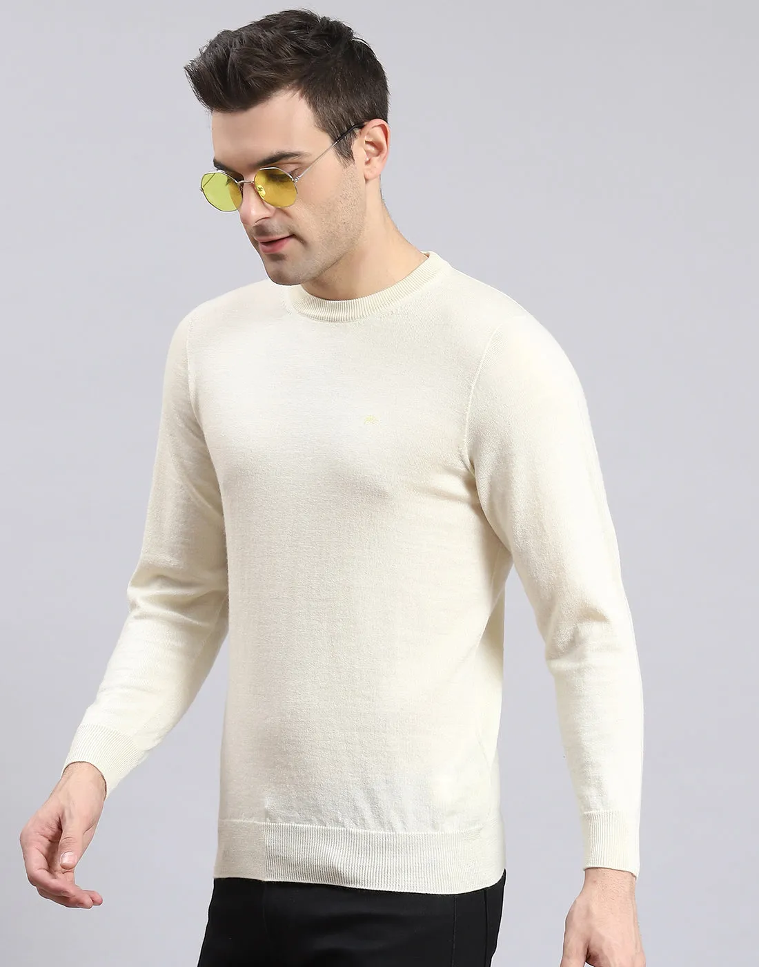 Men Off White Solid Round Neck Full Sleeve Sweater