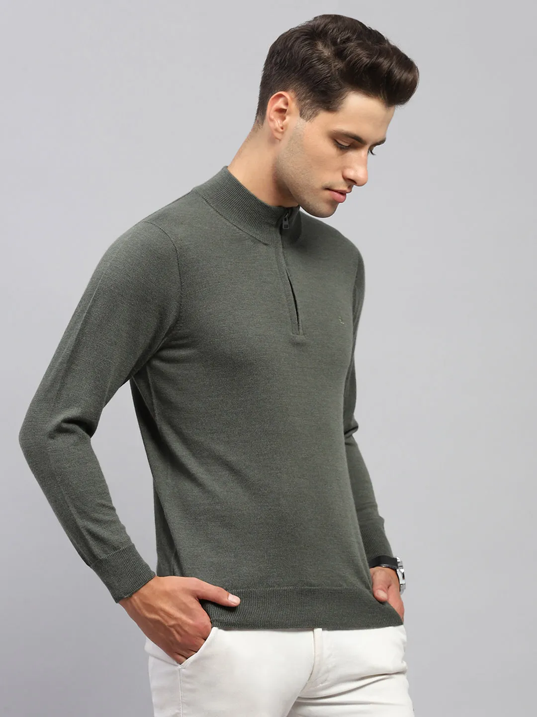 Men Olive Solid Mock Neck Full Sleeve Pullover