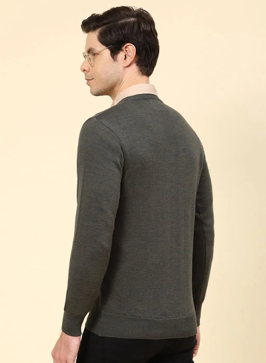 Men Olive Solid Pure wool Pullover