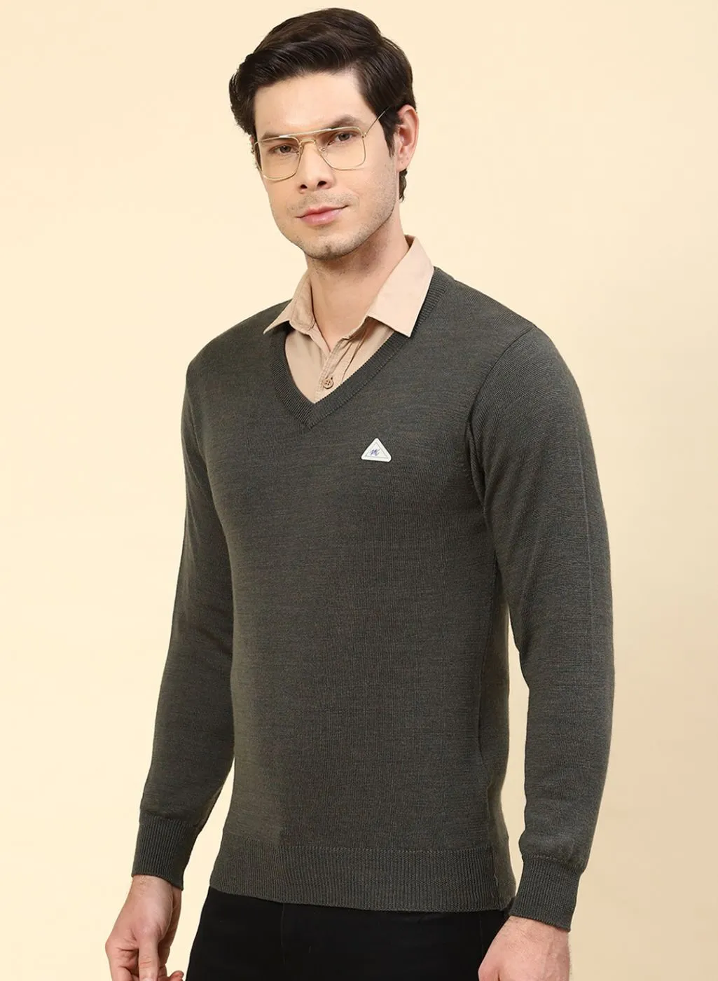 Men Olive Solid Pure wool Pullover