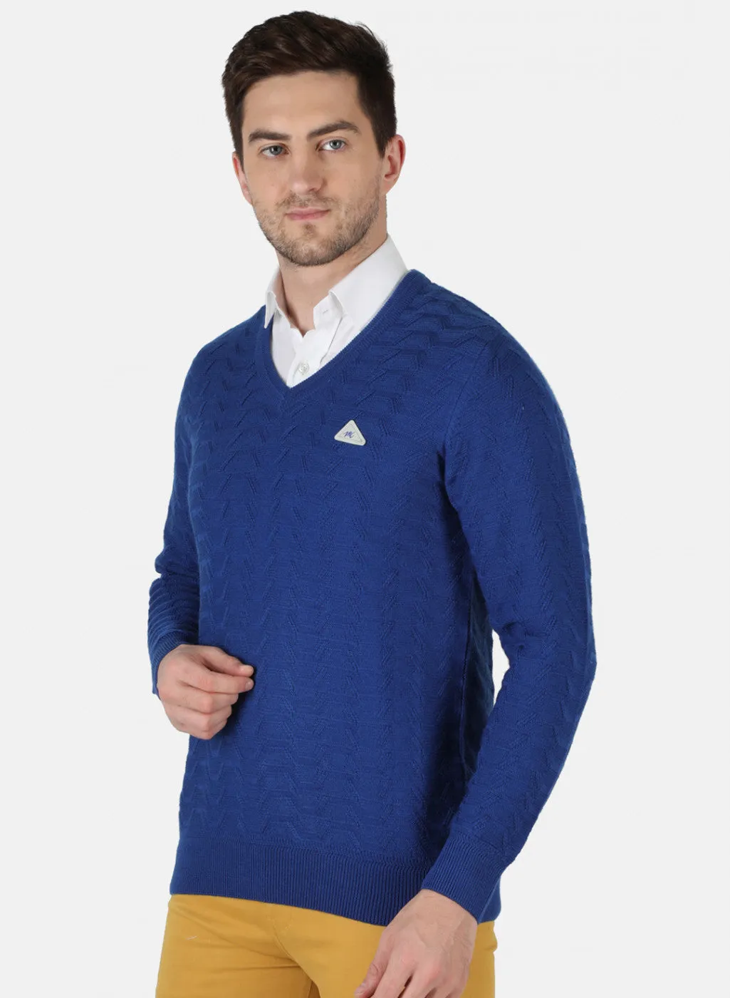 Men Royal Blue Self Design Pullover