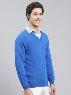 Men Royal Blue Solid Cotton Pullover