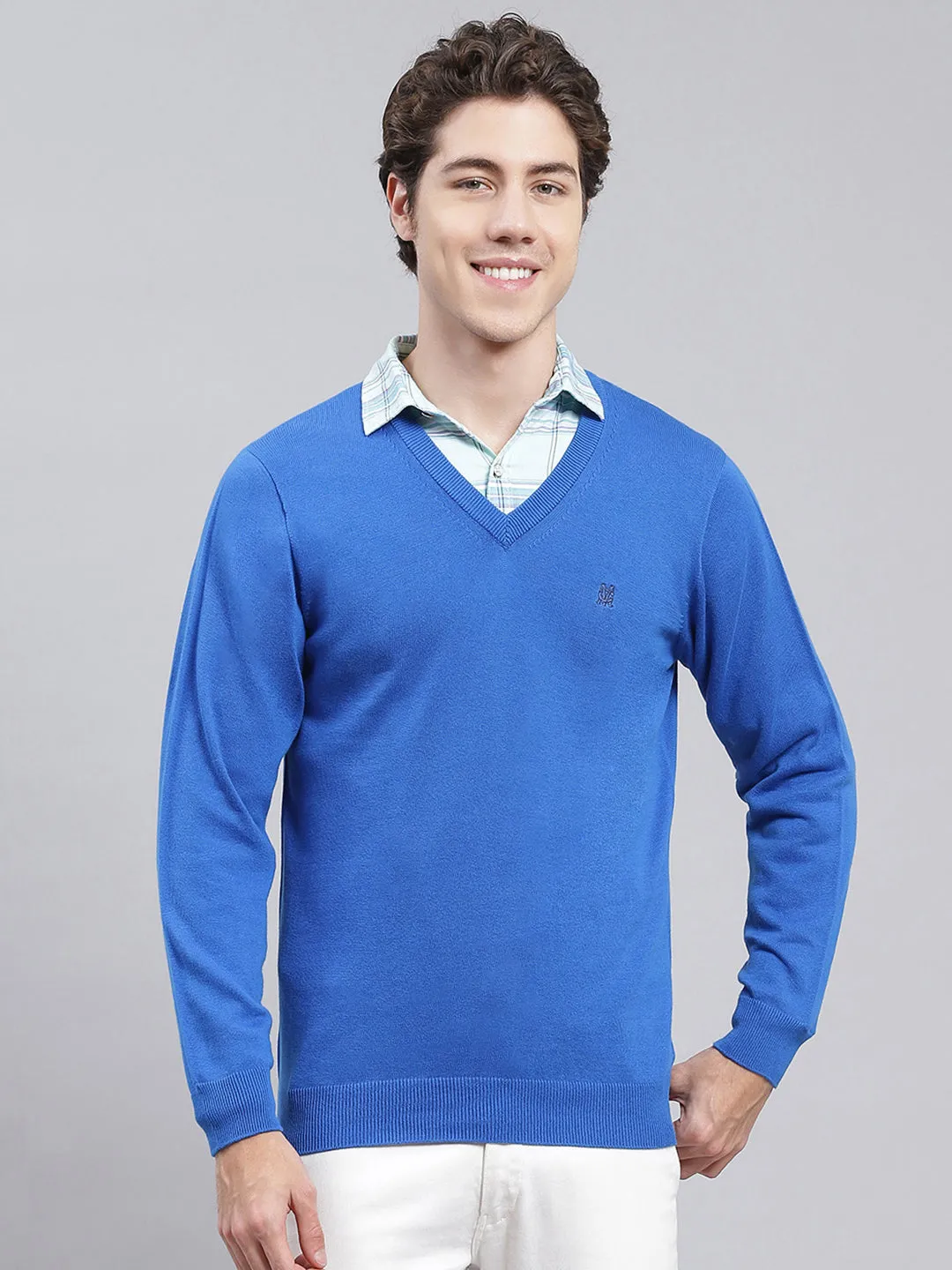 Men Royal Blue Solid Cotton Pullover