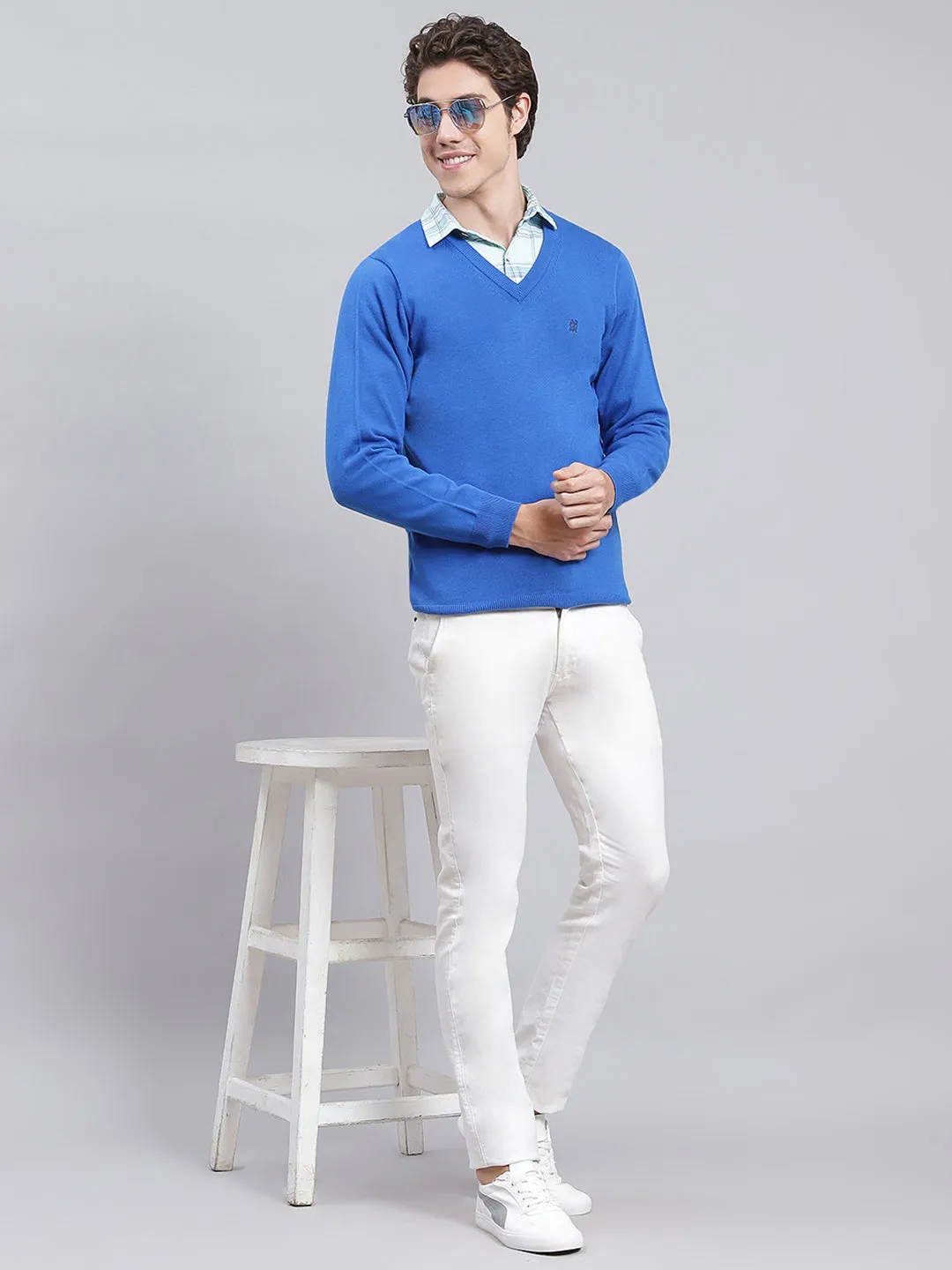 Men Royal Blue Solid Cotton Pullover