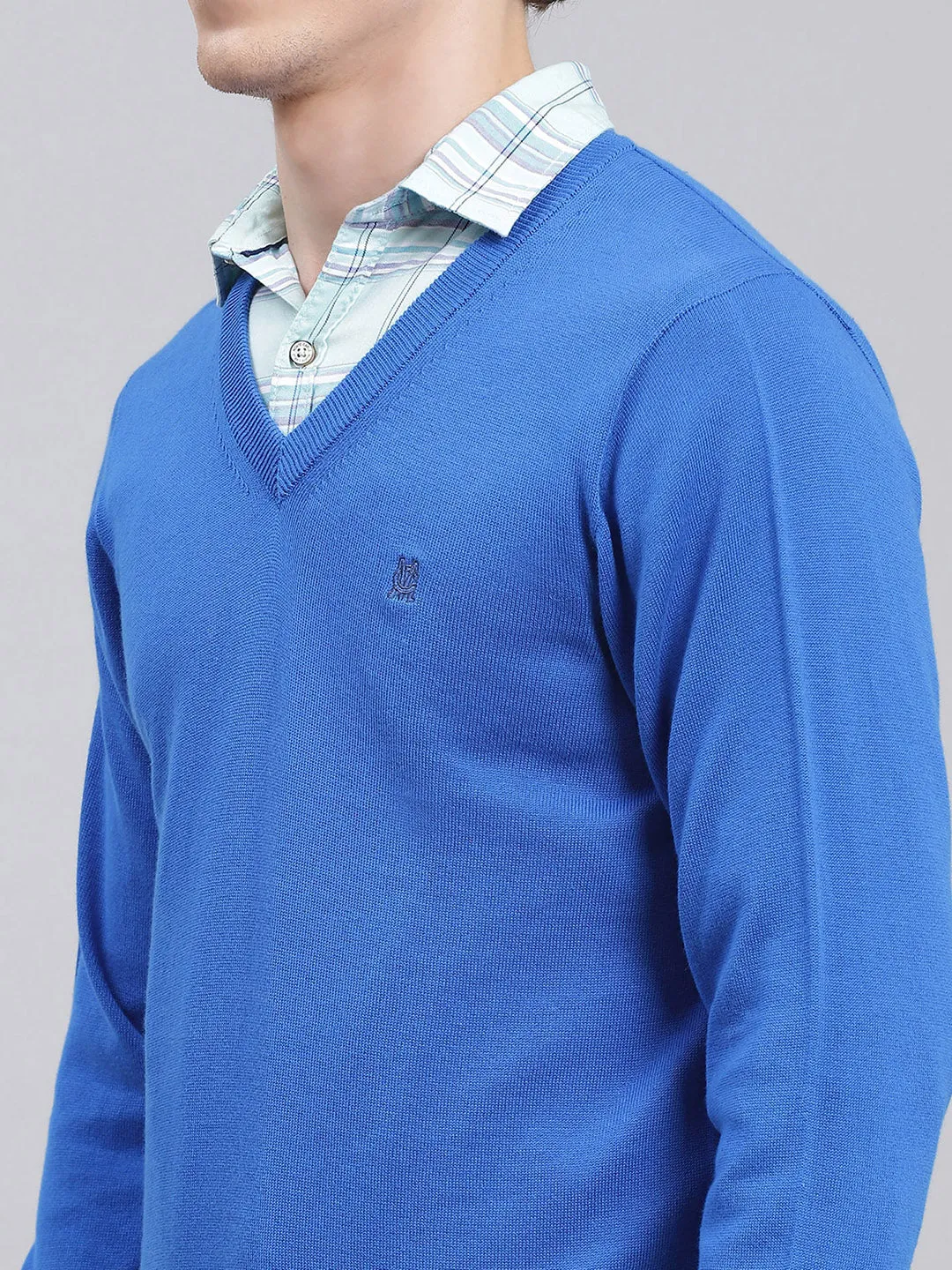 Men Royal Blue Solid Cotton Pullover