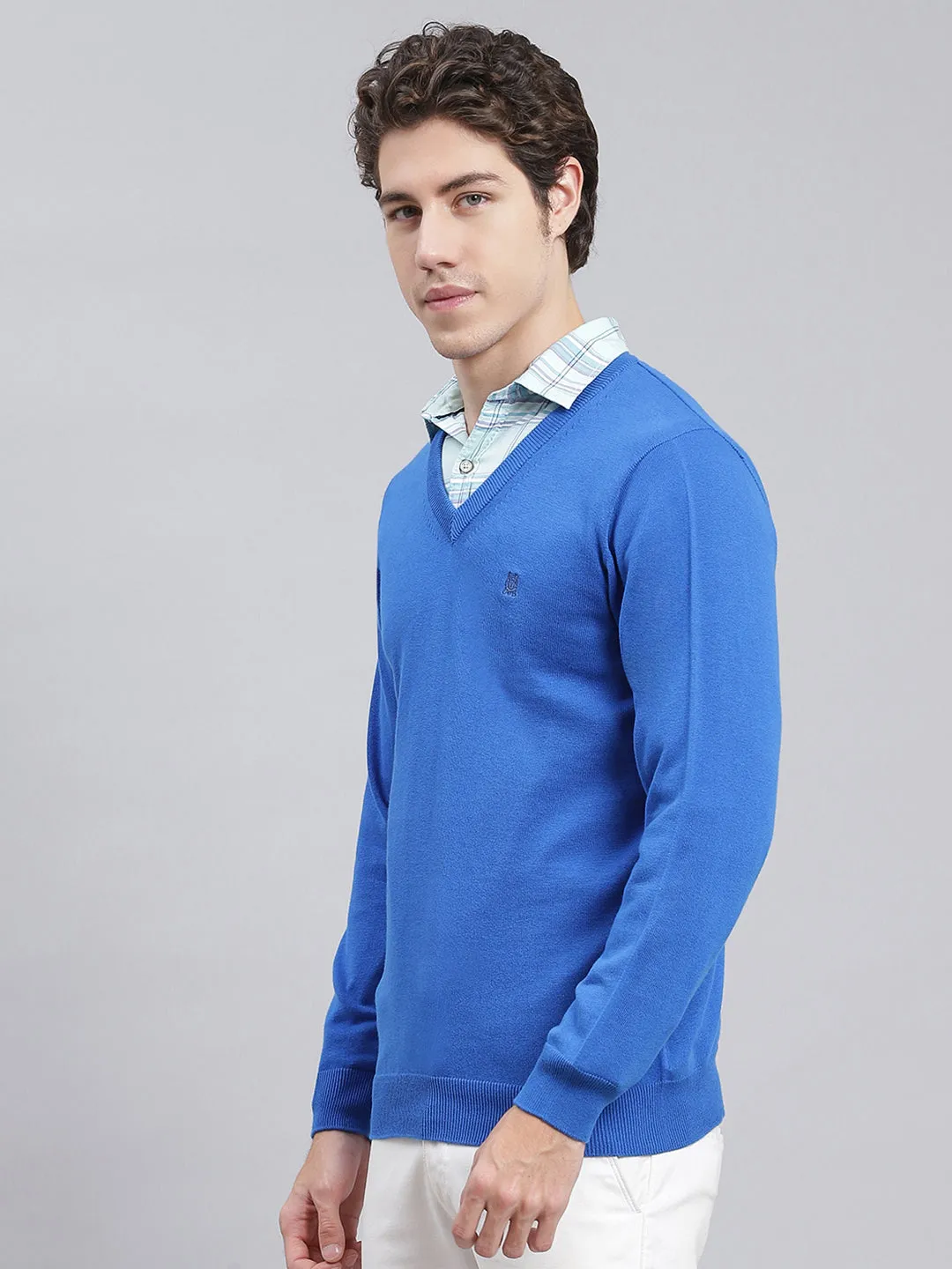 Men Royal Blue Solid Cotton Pullover