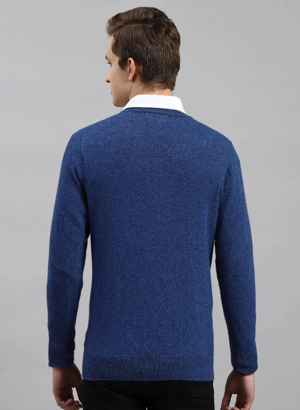 Men Royal Blue Solid Lamb wool Pullover