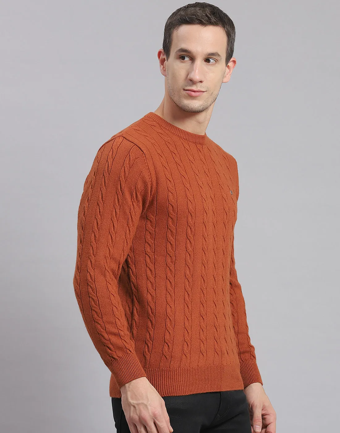 Men Rust Self Design Round Neck Full Sleeve Sweater