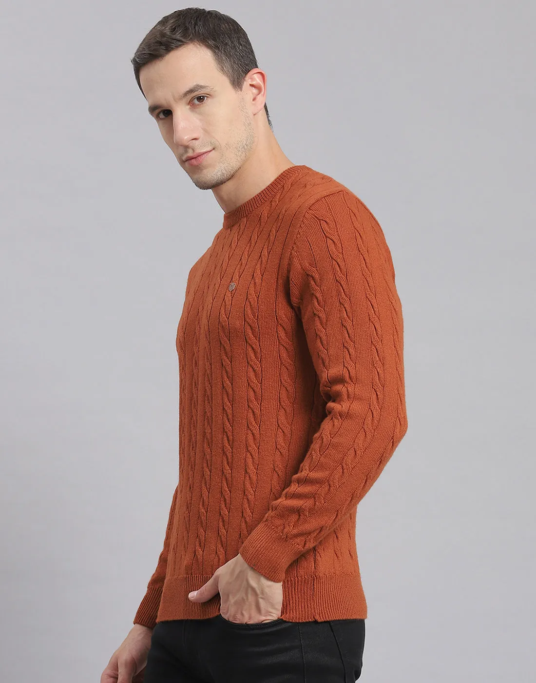 Men Rust Self Design Round Neck Full Sleeve Sweater