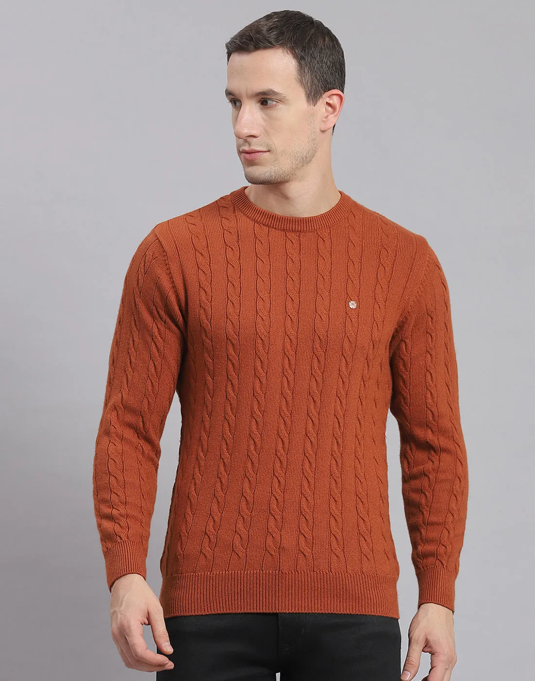 Men Rust Self Design Round Neck Full Sleeve Sweater