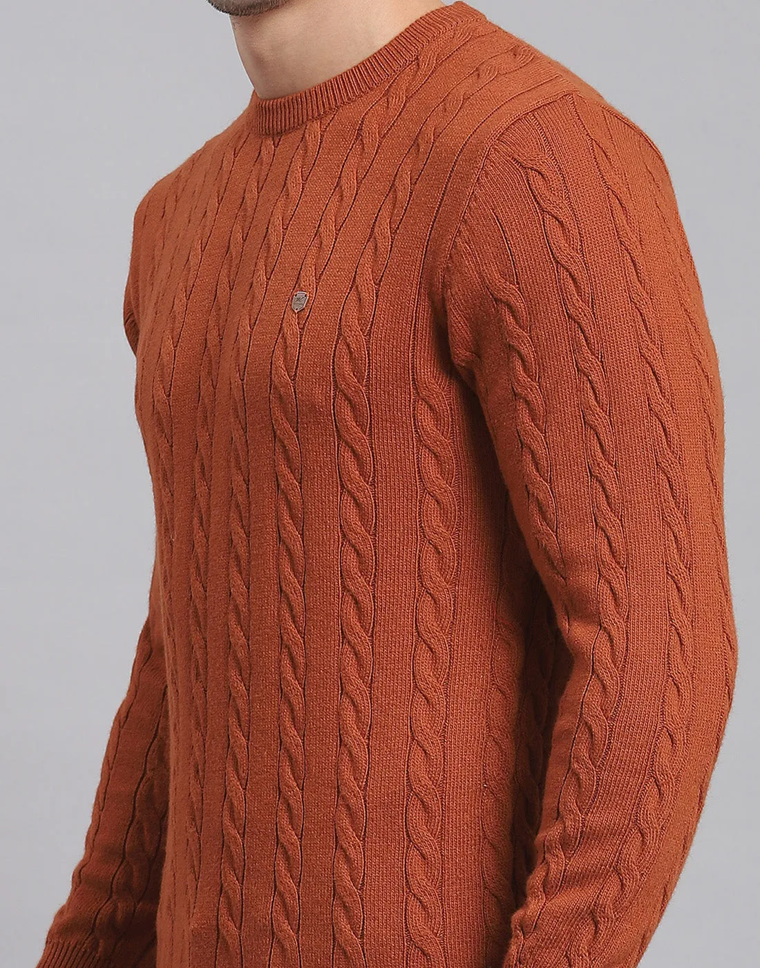 Men Rust Self Design Round Neck Full Sleeve Sweater