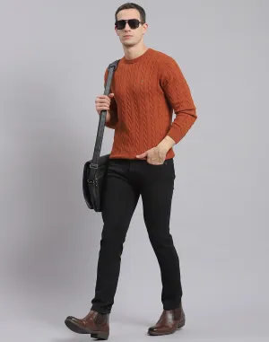 Men Rust Self Design Round Neck Full Sleeve Sweater