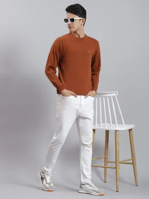 Men Rust Solid Round Neck Full Sleeve Sweaters/Pullovers