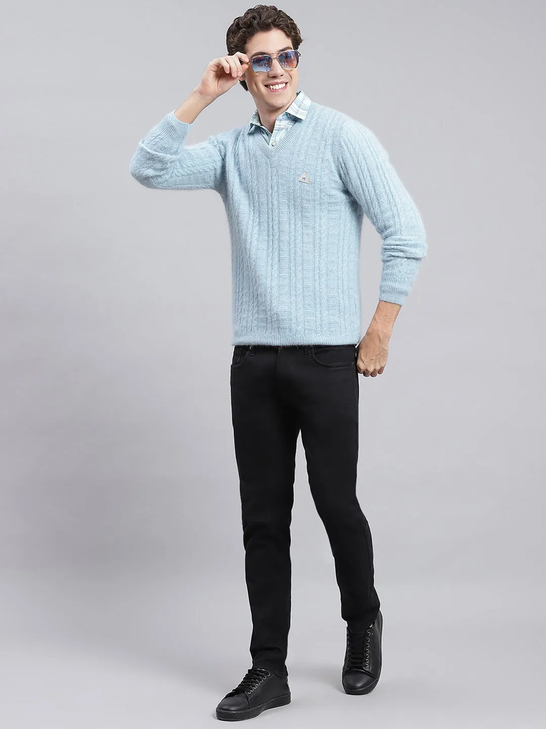 Men Sky Blue Self Design Angoora Pullover