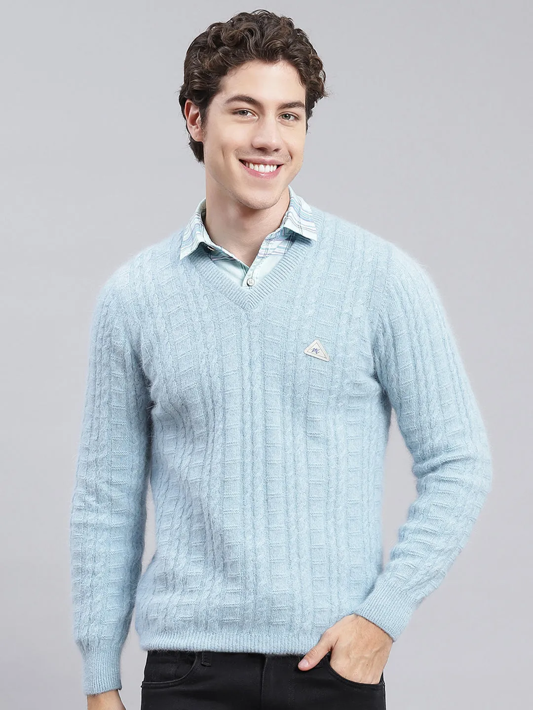 Men Sky Blue Self Design Angoora Pullover