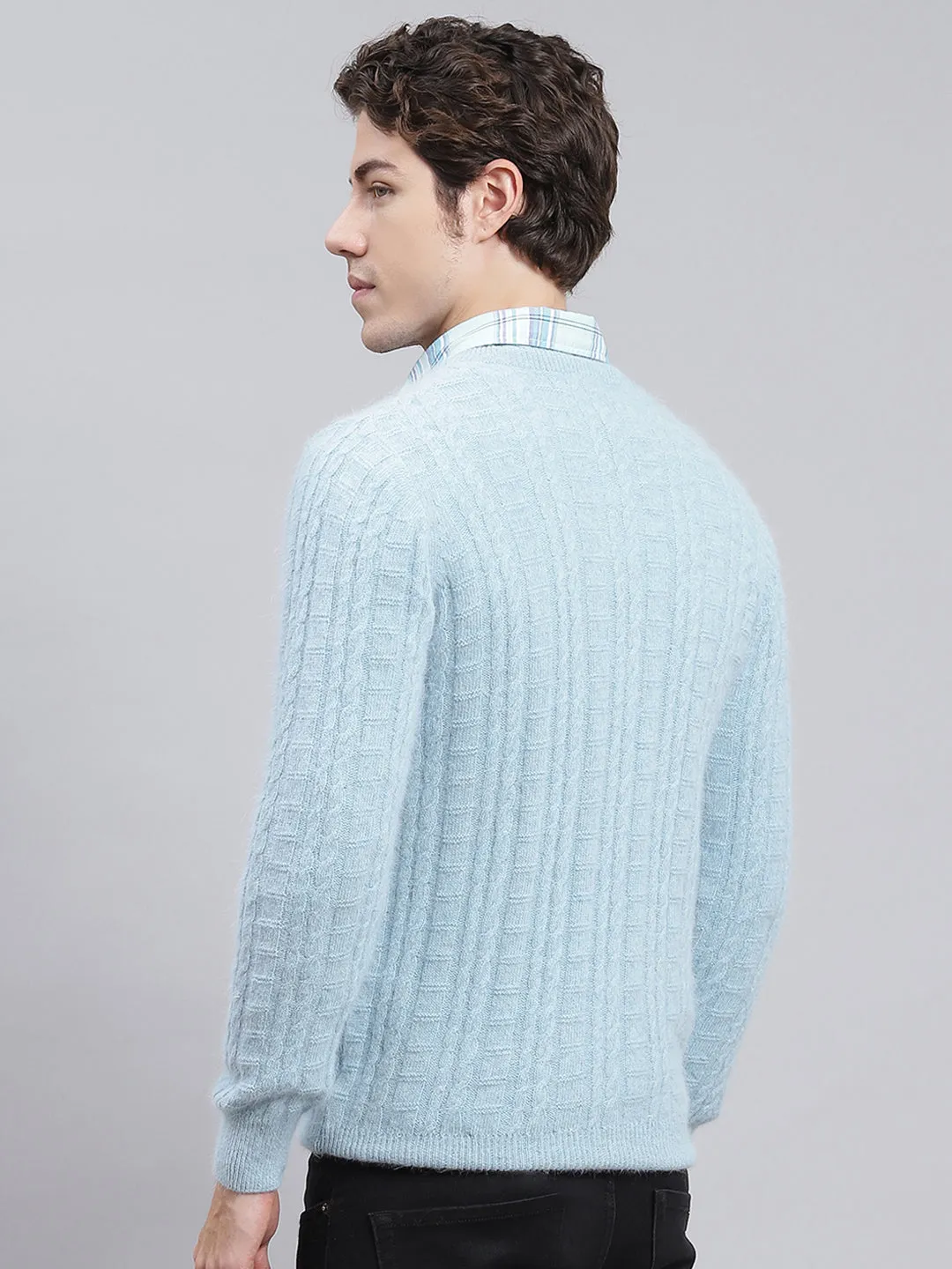 Men Sky Blue Self Design Angoora Pullover