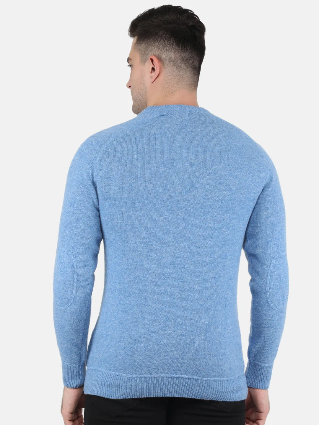 Men Sky Blue Solid Round Neck Full Sleeve Pullovers