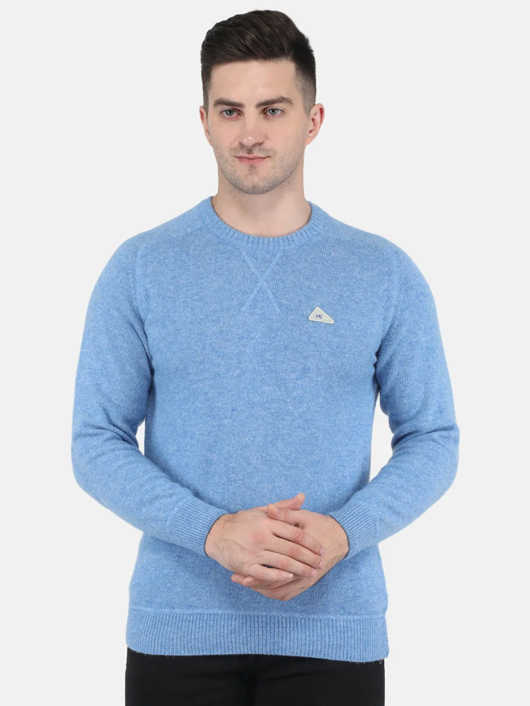 Men Sky Blue Solid Round Neck Full Sleeve Pullovers