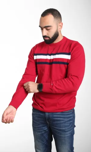 Men Sweater Stripe Crew Neck (Burgundy)