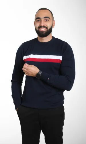 Men Sweater Stripe Crew Neck (Navy Blue)