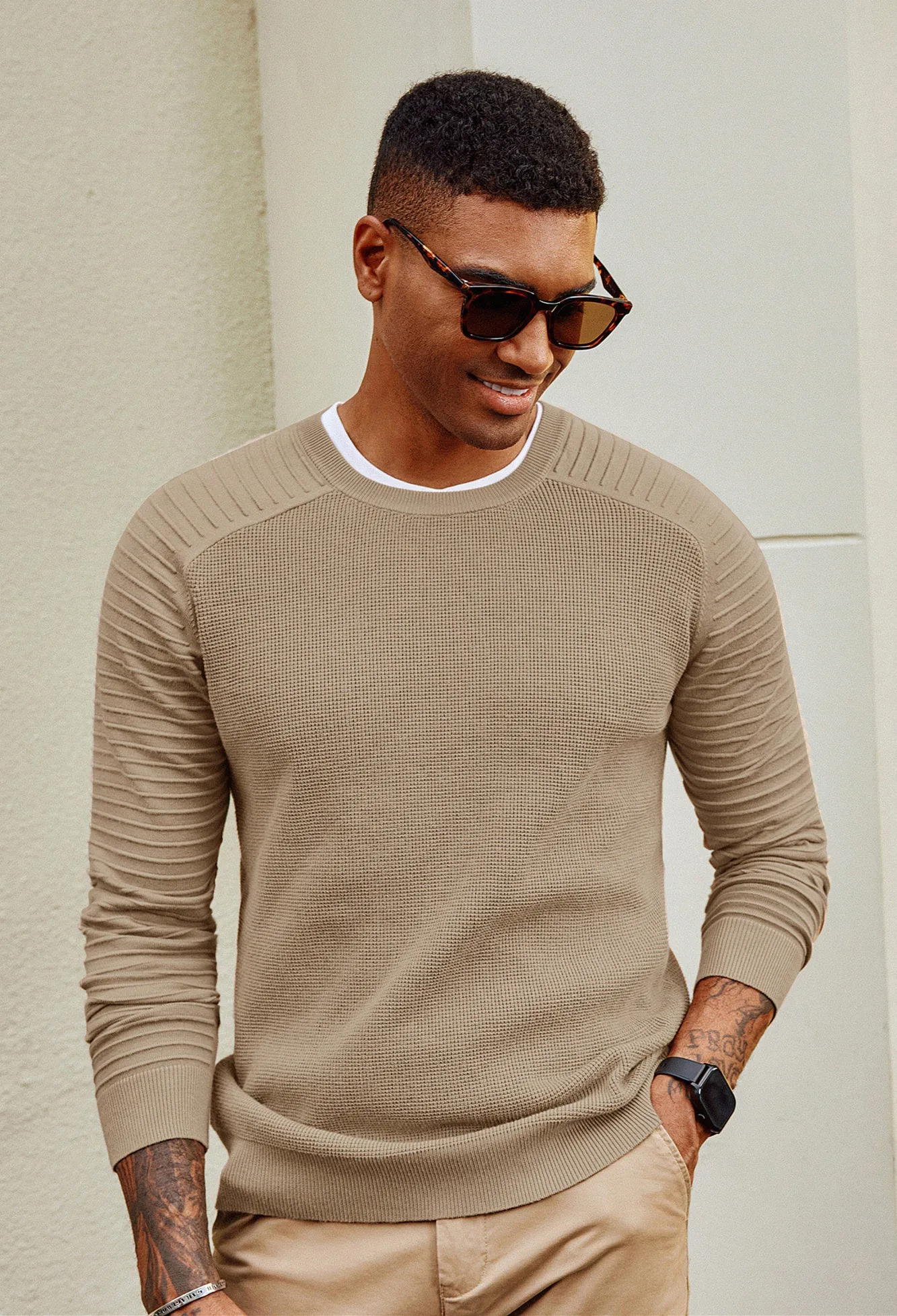 Men Textured Sweater Long Raglan Sleeve Crew Neck Pullover Knitwear