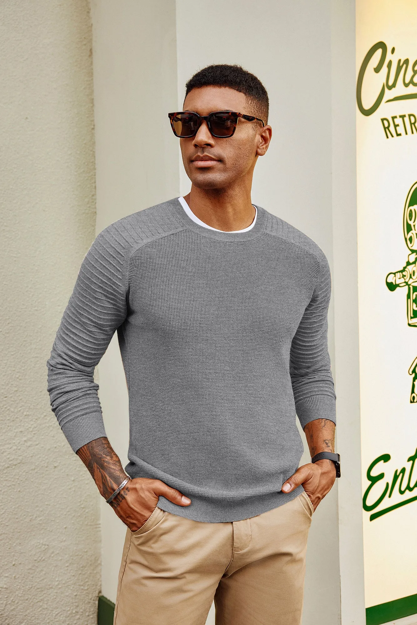 Men Textured Sweater Long Raglan Sleeve Crew Neck Pullover Knitwear