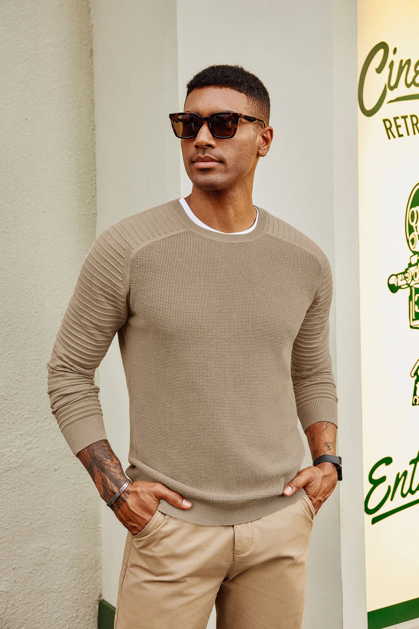 Men Textured Sweater Long Raglan Sleeve Crew Neck Pullover Knitwear