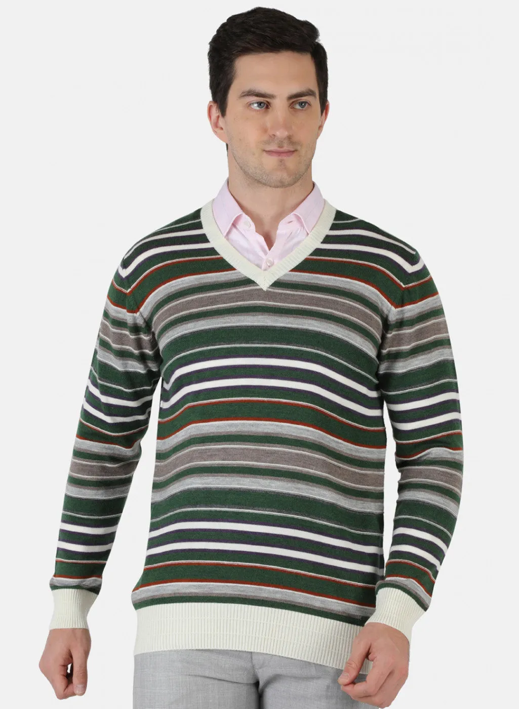 Men White & Green Self Design Pullover