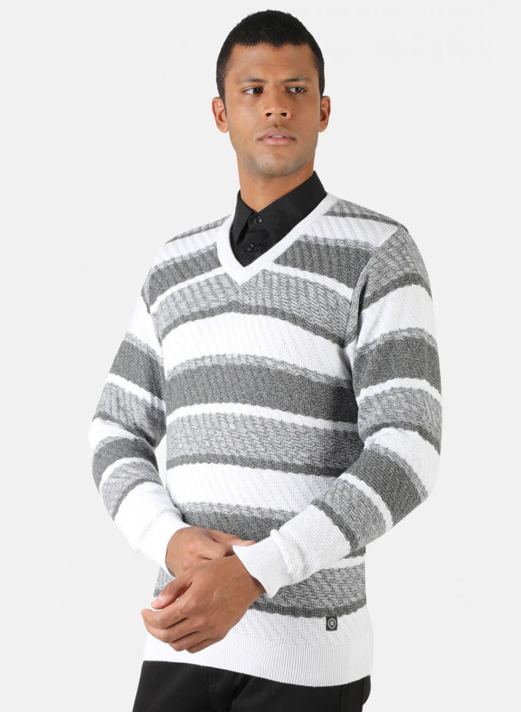 Men White & Grey Solid Pullover