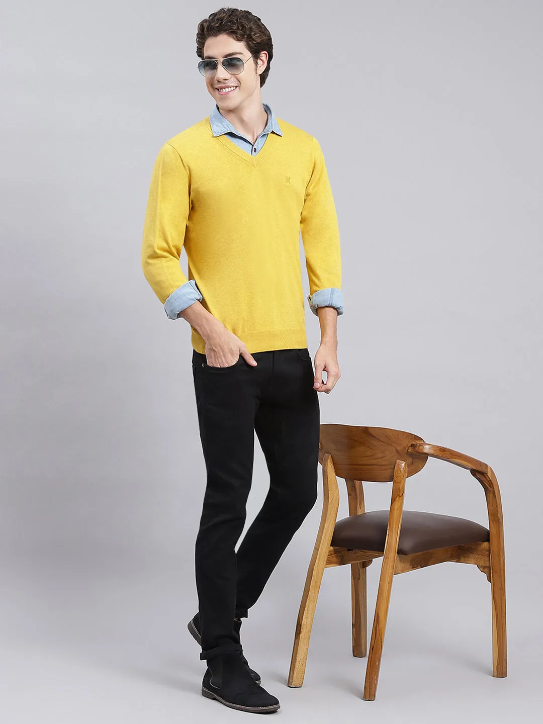 Men Yellow Solid Cotton Pullover