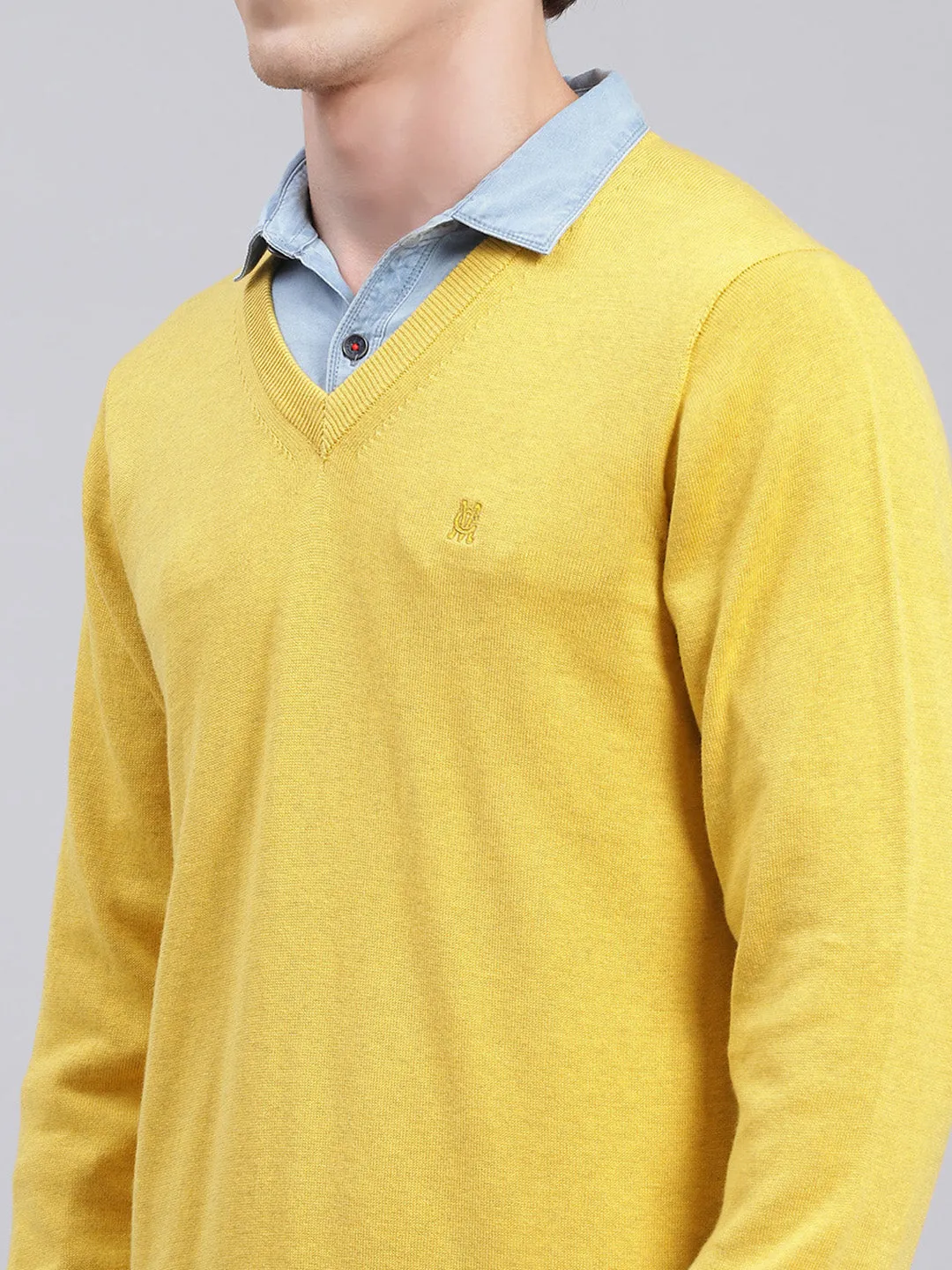 Men Yellow Solid Cotton Pullover