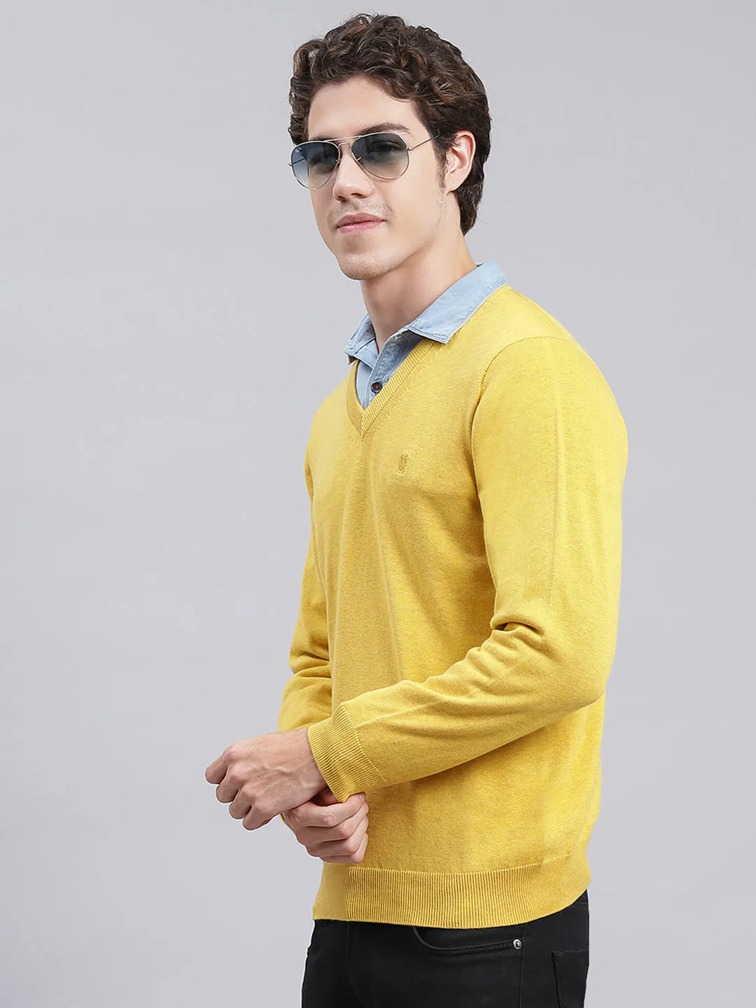 Men Yellow Solid Cotton Pullover