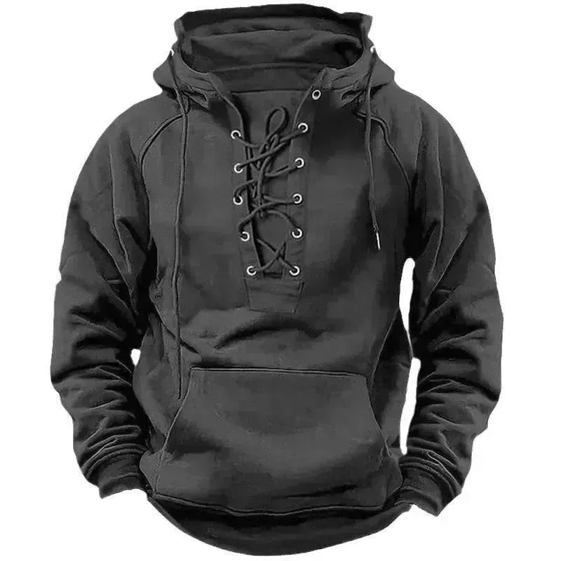 Men's Outdoor Retro Lace-up Hooded Long-sleeved T-shirt Casual Pullover top sweatshirt