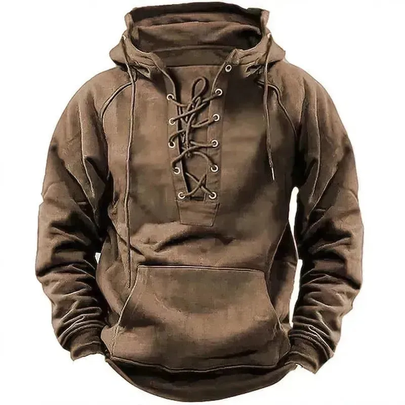 Men's Outdoor Retro Lace-up Hooded Long-sleeved T-shirt Casual Pullover top sweatshirt