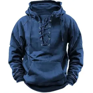 Men's Outdoor Retro Lace-up Hooded Long-sleeved T-shirt Casual Pullover top sweatshirt