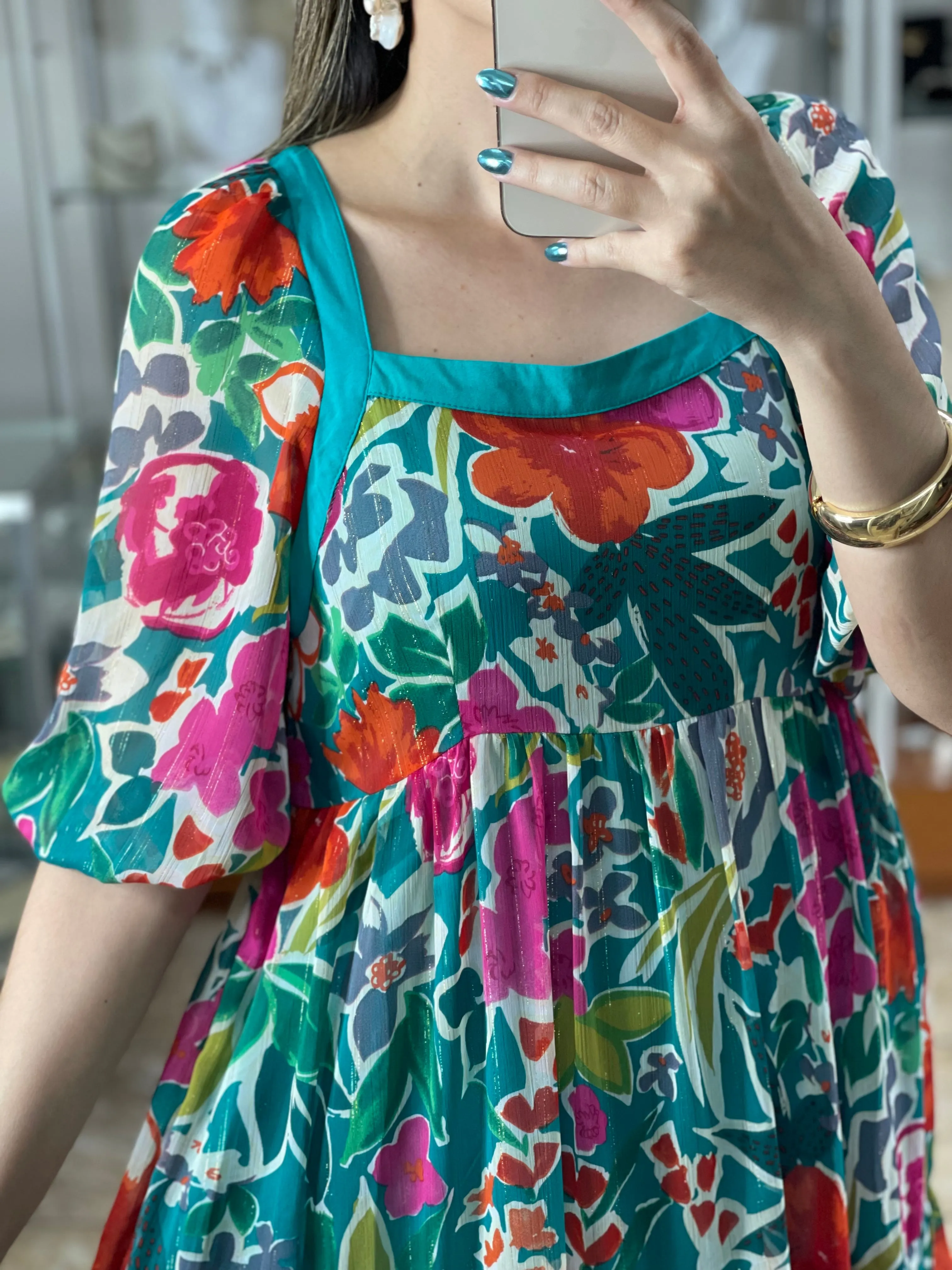 Metallic Floral Print Midi Dress