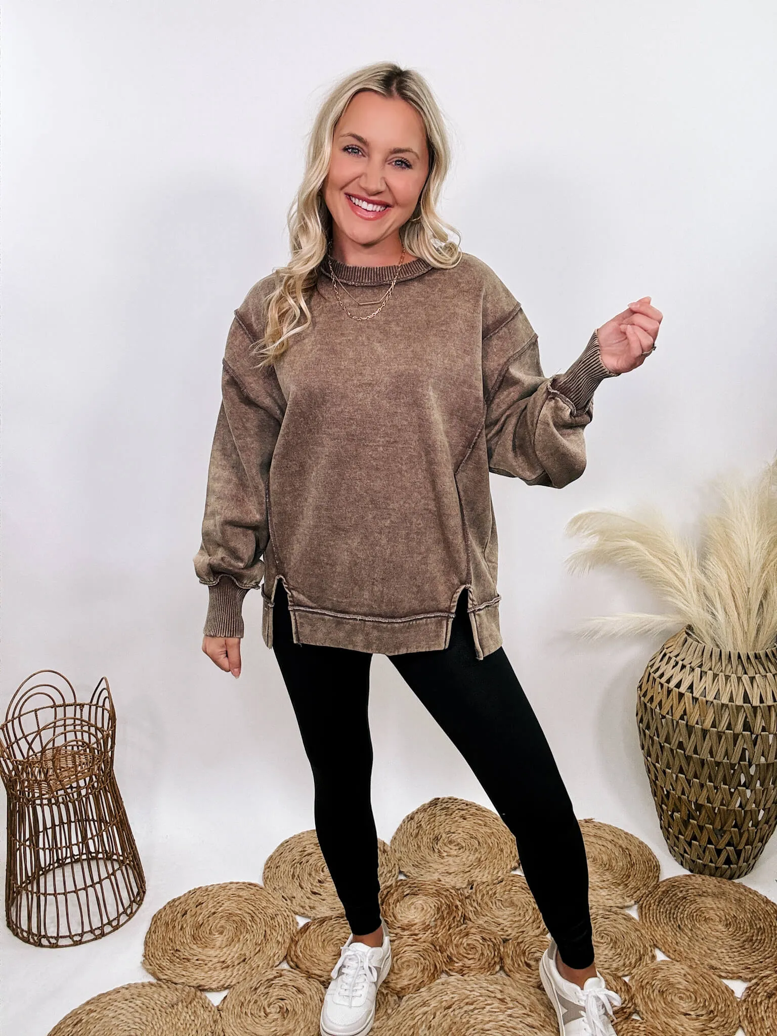 Mocha Brown Acid Washed Exposed Seam Fleece Sweatshirt Pullover