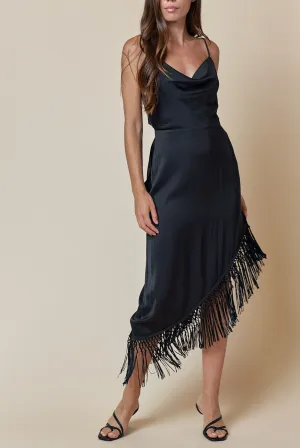 More Fringe Asymmetrical Cowl Neck Dress Black