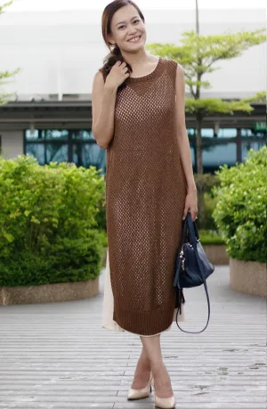 Natural Brown Autumn/Fall Crew Neck Pullover Knitted Sweat Dress Knitted