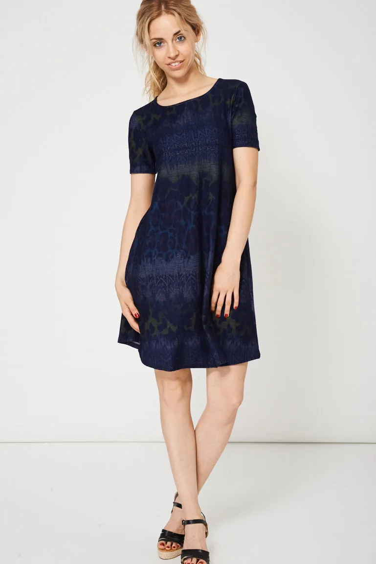 Navy Shift Dress With Abstract Print