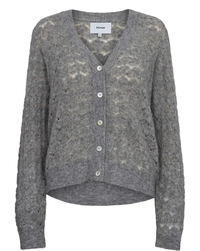 Numph Rietta Pointelle Cardigan in Medium Grey