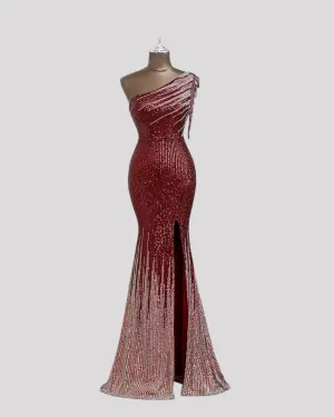 One Shoulder Evening Dress in a 2 Tone Sequin Fabric with Shoulder Beading Draping, Available in 6 colours