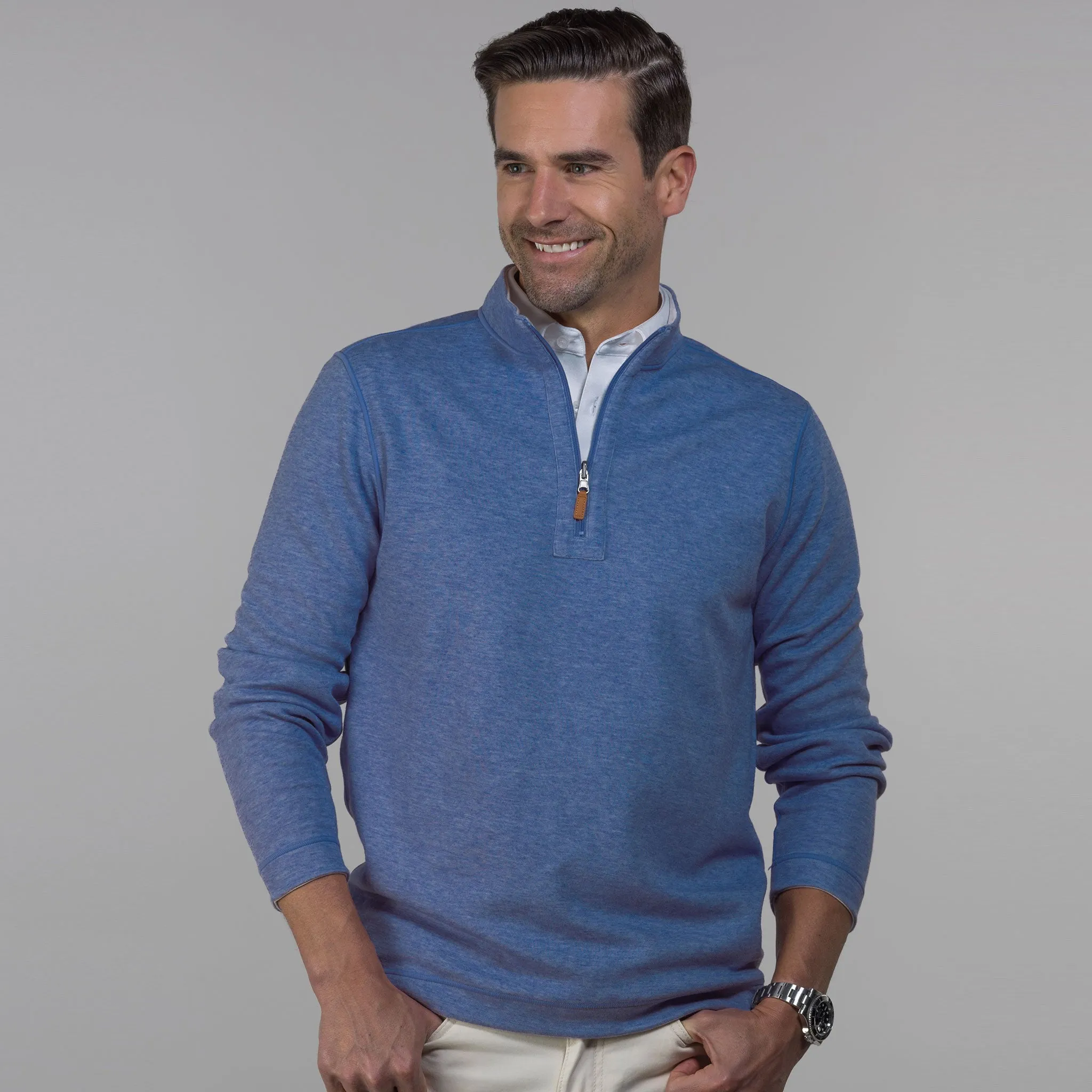 Pacific Blue and Off White Zen Cotton Blend Reversible Quarter Zip Pullover