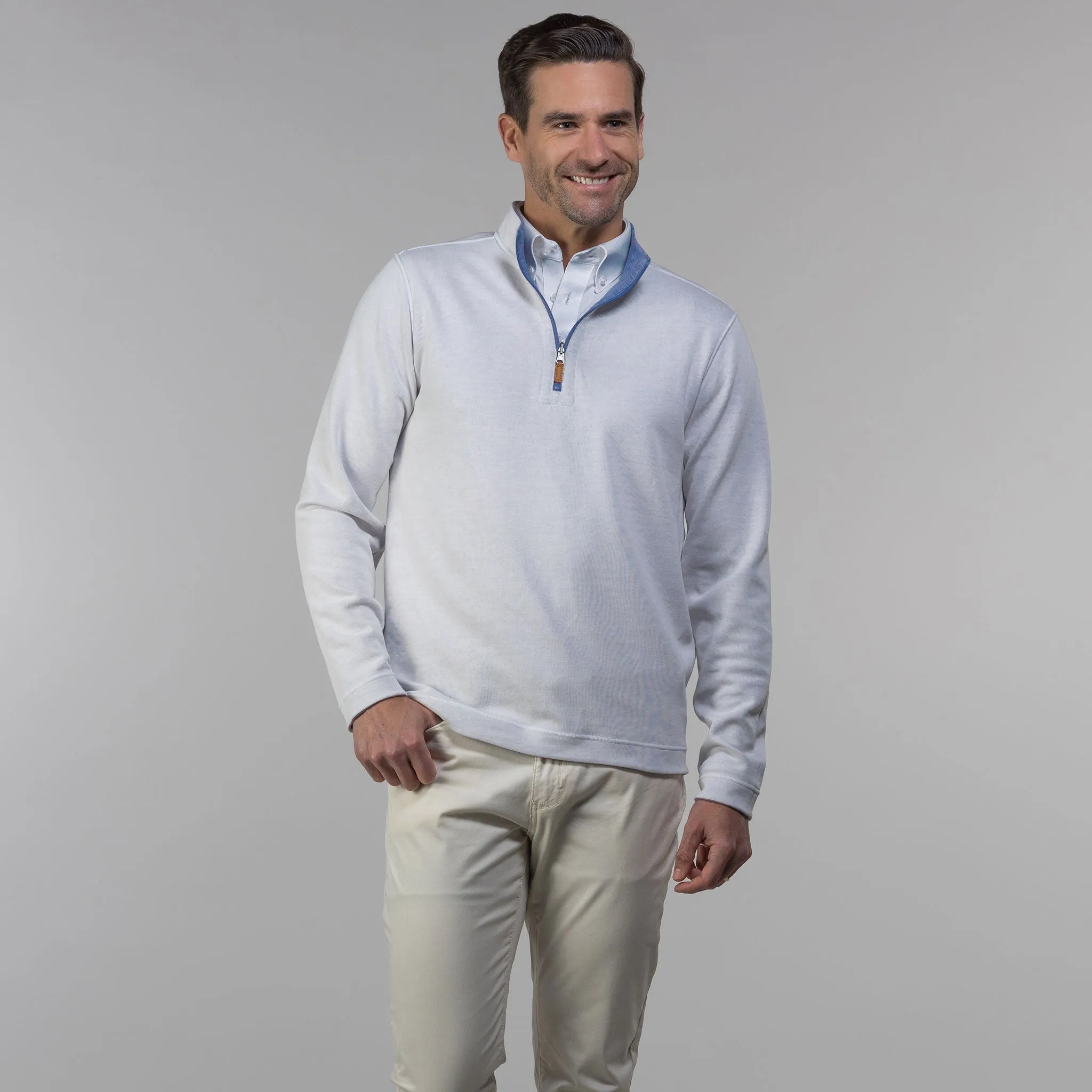 Pacific Blue and Off White Zen Cotton Blend Reversible Quarter Zip Pullover